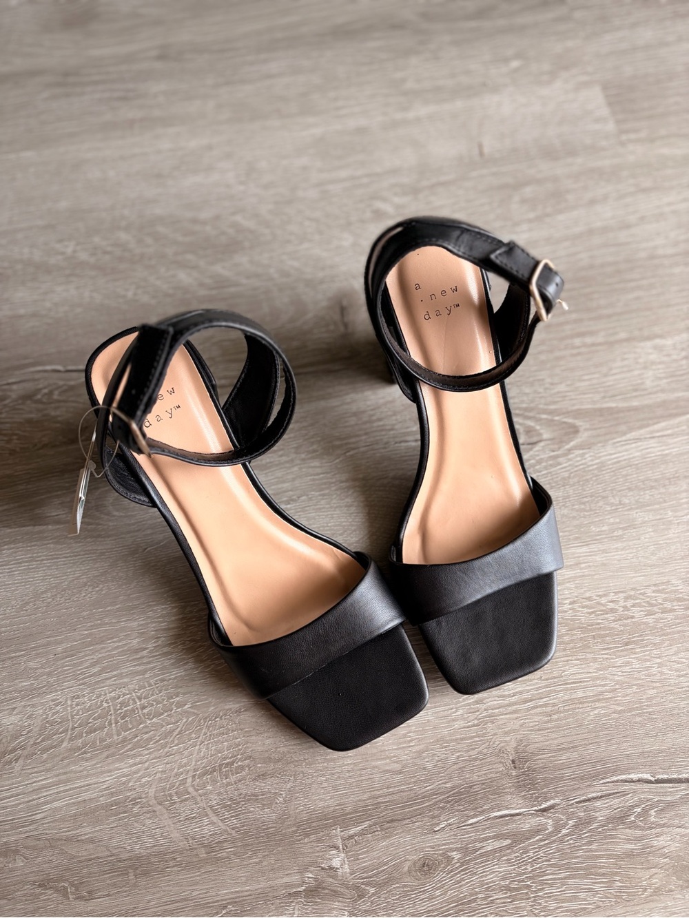 A New Day Black Square Toe Block Heel Ankle Strap Sandals 9.5 NWT
